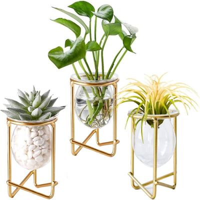 LAVVE Ensemble De 3 Mini Terrariums Géométriques En Métal Doré Pour Plantes Aériennes, Vases En Verre, Présentoirs Pour Tillandsias, Vases Hydroponiques. Publicité LAVVE Ensemble De 3 Mini Terrariums Géométriques En Métal Doré Pour Plantes Aériennes, Vases En Verre, Présentoirs Pour Tillandsias, Vases Hydroponiques. Publicité