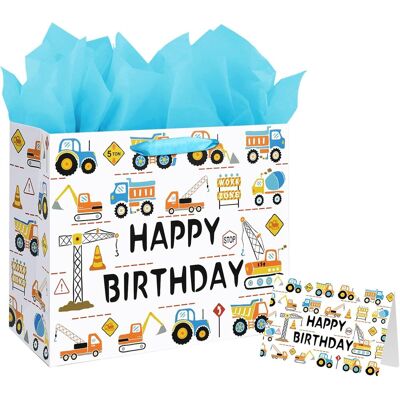 KAJFJAD Sac Cadeau D'Anniversaire Pour Garçon De 33 Cm (13 Pouces) - Motif Engins De Chantier, Avec Papier De Soie Et Carte De Vœux, Idéal Pour Les Cadeaux D'Anniversaire D'Enfants. Publicité KAJFJAD Sac Cadeau D'Anniversaire Pour Garçon De 33 Cm (13 Pouces) - Motif Engins De Chantier, Avec Papier De Soie Et Carte De Vœux, Idéal Pour Les Cadeaux D'Anniversaire D'Enfants. Publicité