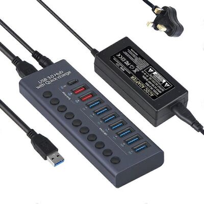 FLAMMKRAFT Hub Usb 10 Ports - Hub Usb 3.0 - Répartiteur En Aluminium - Adaptateur Secteur 12 V 5 A 60 W - Royaume-uni - Publicité FLAMMKRAFT Hub Usb 10 Ports - Hub Usb 3.0 - Répartiteur En Aluminium - Adaptateur Secteur 12 V 5 A 60 W - Royaume-uni - Publicité