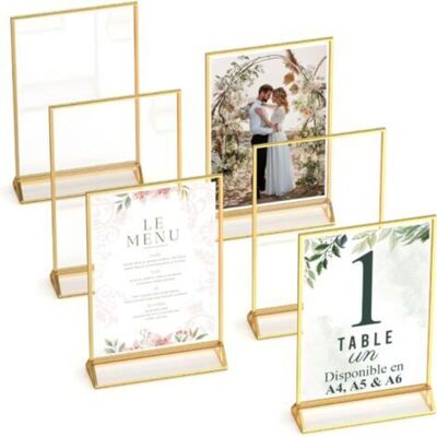 OEM Cadres Photos Dorés Double Face - Pack De 6 - Porte-numéros De Table Dorés En Acrylique, Chevalets De Table Transparents Pour Affiche, Porte-menus, Cadres Photos - Publicité OEM Cadres Photos Dorés Double Face - Pack De 6 - Porte-numéros De Table Dorés En Acrylique, Chevalets De Table Transparents Pour Affiche, Porte-menus, Cadres Photos - Publicité