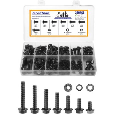 OEM Kit D'Assortiment De Boulons À Bride Noir 260pcs M6 Avec Écrous À Bride, Rondelles Et Rondelles À Ressort De Verrouillage, Vis À Tête Hexagonale M6-1.0x12/16/20/25/30/35/40mm - Publicité OEM Kit D'Assortiment De Boulons À Bride Noir 260pcs M6 Avec Écrous À Bride, Rondelles Et Rondelles À Ressort De Verrouillage, Vis À Tête Hexagonale M6-1.0x12/16/20/25/30/35/40mm - Publicité