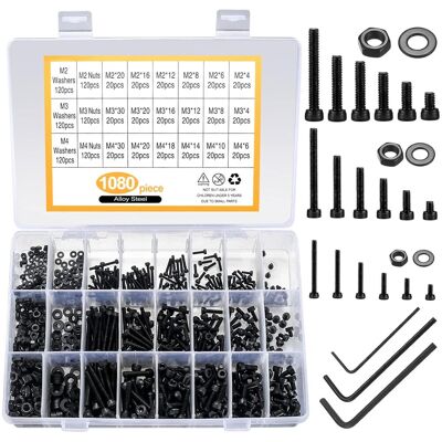 OEM 1080 Pcs M2 M3 M4 Hex Bouton Prise Tête Bouchon Vis Écrous Rondelles Plates Kit D'Assortiment, En Acier Allié Noir Machine Vis Et Écrous Et Boulons Et Rondelles Set (1080black) - Publicité OEM 1080 Pcs M2 M3 M4 Hex Bouton Prise Tête Bouchon Vis Écrous Rondelles Plates Kit D'Assortiment, En Acier Allié Noir Machine Vis Et Écrous Et Boulons Et Rondelles Set (1080black) - Publicité