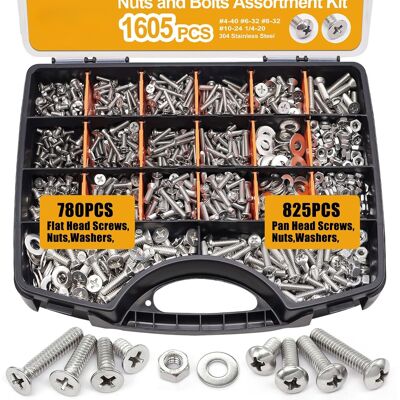OEM Kit D'Assortiment De Vis De Machine 1605pcs, Écrous Et Boulons En Acier Inoxydable 304, Vis À Tête Et À Tête Plate Phillips Avec Écrous, Boulons, Rondelles, Boîte D'Organisateur - Publicité OEM Kit D'Assortiment De Vis De Machine 1605pcs, Écrous Et Boulons En Acier Inoxydable 304, Vis À Tête Et À Tête Plate Phillips Avec Écrous, Boulons, Rondelles, Boîte D'Organisateur - Publicité