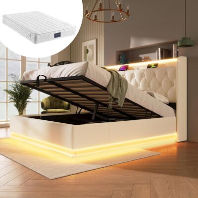 OEM Lit Double Capitonné, Éclairage Led À 360°, Commande Par Bouton-poussoir/application/télécommande, 140200 Cm, Revêtement En Polyuréthane Blanc, Sommier À Rangement Hydraulique - Publicité OEM Lit Double Capitonné, Éclairage Led À 360°, Commande Par Bouton-poussoir/application/télécommande, 140200 Cm, Revêtement En Polyuréthane Blanc, Sommier À Rangement Hydraulique - Publicité