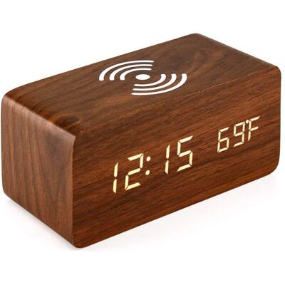 MOXIE Réveil Avec Pour Tampon De Charge Sans Fil Qi Compatible Avec Pour Iphone Horloge Numérique Led De Bois Fonction De Contr?le Du Son, Date De L'Heure - Publicité MOXIE Réveil Avec Pour Tampon De Charge Sans Fil Qi Compatible Avec Pour Iphone Horloge Numérique Led De Bois Fonction De Contr?le Du Son, Date De L'Heure - Publicité
