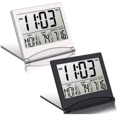 ACKERMAN Réveil De Voyage Numérique 2 Pièces, Horloge Lcd Pliable Avec Calendrier, Affichage De La Température, Fonction Snooze, Format De Table Portable - Publicité ACKERMAN Réveil De Voyage Numérique 2 Pièces, Horloge Lcd Pliable Avec Calendrier, Affichage De La Température, Fonction Snooze, Format De Table Portable - Publicité