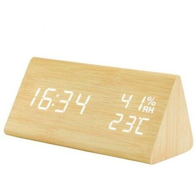 BARKBUSTERS Réveil Lumineux En Bois Triangulaire – Affichage Température Et Humidité – 3 Niveaux De Luminosité – Alimentation Usb – Dimensions 15x8x7 Cm - Publicité BARKBUSTERS Réveil Lumineux En Bois Triangulaire – Affichage Température Et Humidité – 3 Niveaux De Luminosité – Alimentation Usb – Dimensions 15x8x7 Cm - Publicité