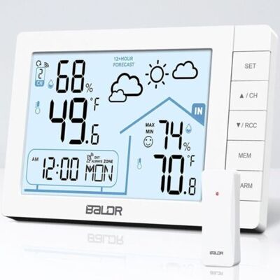 ABYSSE Station Météo Sans Fil Avec Capteur Extérieur Thermomètre Hygromètre Numérique Interieur Exterieur Horloge De Radio-pilotée Avec Prévisions Météo, Alarme Et Snooze - Publicité ABYSSE Station Météo Sans Fil Avec Capteur Extérieur Thermomètre Hygromètre Numérique Interieur Exterieur Horloge De Radio-pilotée Avec Prévisions Météo, Alarme Et Snooze - Publicité