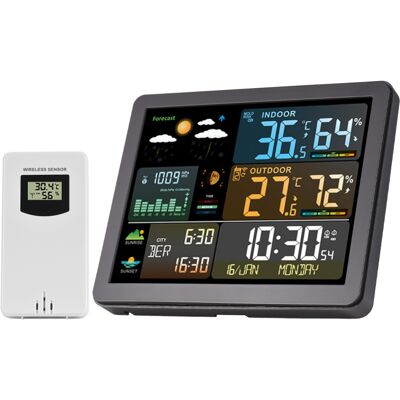 OEM Station Météo Sans Fil Intérieur Extérieur, Capteurs, Affichage Couleur, Prévisions Numériques, Moniteur Température Humidité, Réveil, Lever Coucher Soleil, Rétroéclairage Réglable (fixation Murale) - Publicité OEM Station Météo Sans Fil Intérieur Extérieur, Capteurs, Affichage Couleur, Prévisions Numériques, Moniteur Température Humidité, Réveil, Lever Coucher Soleil, Rétroéclairage Réglable (fixation Murale) - Publicité