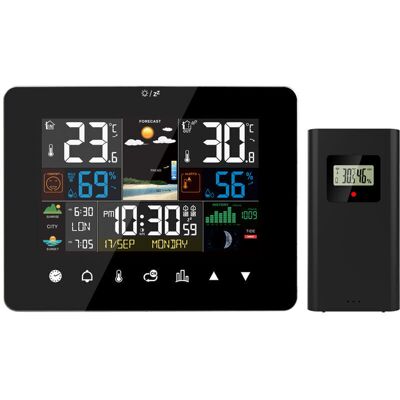 Melissa Station Météo Lever Et Coucher Du Soleil Réveil Multifonction Thermomètre Hygromètre Fonctionnement À Écran Tactile Avec Capteur Extérieur Sans Fil,le Noir,de Debuns - Publicité Melissa Station Météo Lever Et Coucher Du Soleil Réveil Multifonction Thermomètre Hygromètre Fonctionnement À Écran Tactile Avec Capteur Extérieur Sans Fil,le Noir,de Debuns - Publicité