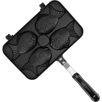 MCKENSA Poêle À Gaufres Taiyaki 4 Grilles Antiadhésive Double Face Avec Poignée Noire Anti-brûlure En Alliage D'Aluminium Pour La Cuisine - Publicité MCKENSA Poêle À Gaufres Taiyaki 4 Grilles Antiadhésive Double Face Avec Poignée Noire Anti-brûlure En Alliage D'Aluminium Pour La Cuisine - Publicité