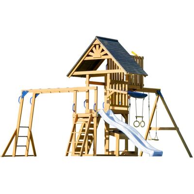 Axi Mitch Aire De Jeux En Bois Avec 2 Balançoires, Toboggan Bleu Pastel / Extérieur, Bac À Sable, Trapèze/mur D'Escalade Portique - Publicité Axi Mitch Aire De Jeux En Bois Avec 2 Balançoires, Toboggan Bleu Pastel / Extérieur, Bac À Sable, Trapèze/mur D'Escalade Portique - Publicité