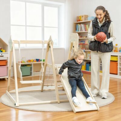 OEM Structure De Jeux 5 En 1 Pour Enfants : Toboggan, Balançoire, Panier De Basket, Planche Et Filet D’escalade Naturel. Publicité OEM Structure De Jeux 5 En 1 Pour Enfants : Toboggan, Balançoire, Panier De Basket, Planche Et Filet D’escalade Naturel. Publicité