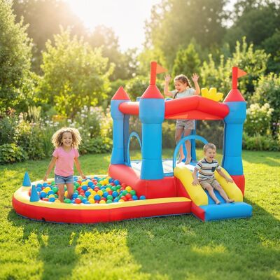 OEM Château Gonflable Avec Souffleur, Toboggan, Trampoline, Pataugeoire/piscine À Balles, Pistolet À Eau, 342 X 255 X 209 Cm, Bleu - Publicité OEM Château Gonflable Avec Souffleur, Toboggan, Trampoline, Pataugeoire/piscine À Balles, Pistolet À Eau, 342 X 255 X 209 Cm, Bleu - Publicité