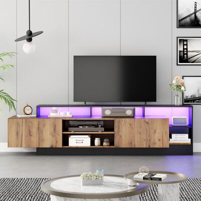 OEM Meuble Tv Moderne Pour Téléviseurs Jusqu'à 70 Pouces, Espace De Rangement Ouvert Avec Affichage Led, Idéal Pour La Chambre Et Le Salon, Finition Bois Naturel Et Cadre Noir. Publicité OEM Meuble Tv Moderne Pour Téléviseurs Jusqu'à 70 Pouces, Espace De Rangement Ouvert Avec Affichage Led, Idéal Pour La Chambre Et Le Salon, Finition Bois Naturel Et Cadre Noir. Publicité