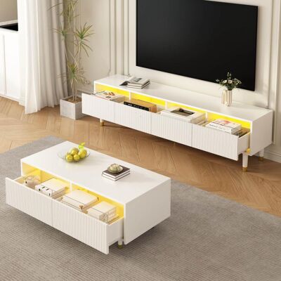 OEM Dieser Moderne Led-couchtisch Verfügt Über Eine Gewellte Schubladenplatte, Gold-weiße Beine, Zwei Schubladen Und Einen Farbwechselnden Led-lichtstreifen. Ein Passender Tv-schrank Ist Ebenfalls Erhältl - Publicité OEM Dieser Moderne Led-couchtisch Verfügt Über Eine Gewellte Schubladenplatte, Gold-weiße Beine, Zwei Schubladen Und Einen Farbwechselnden Led-lichtstreifen. Ein Passender Tv-schrank Ist Ebenfalls Erhältl - Publicité