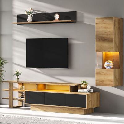OEM Cet Ensemble De Meuble Tv Mural En Trois Parties Convient Aux Téléviseurs De 80 Pouces Et Moins. Il Présente Une Finition En Bois Noir Et Naturel Et Comprend Trois Tiroirs. Publicité OEM Cet Ensemble De Meuble Tv Mural En Trois Parties Convient Aux Téléviseurs De 80 Pouces Et Moins. Il Présente Une Finition En Bois Noir Et Naturel Et Comprend Trois Tiroirs. Publicité
