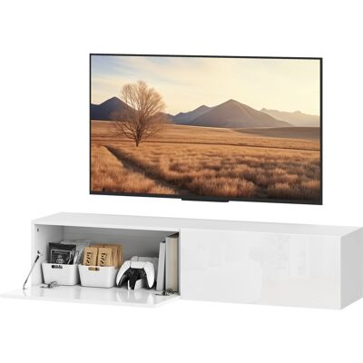 A MOON Meuble Tv Suspendu Pour Téléviseur Jusqu'à 45 55 65 Pouces Avec 2 Placards À Portes, 140 X 33 X 29,8 Cm, Blanc - Publicité A MOON Meuble Tv Suspendu Pour Téléviseur Jusqu'à 45 55 65 Pouces Avec 2 Placards À Portes, 140 X 33 X 29,8 Cm, Blanc - Publicité