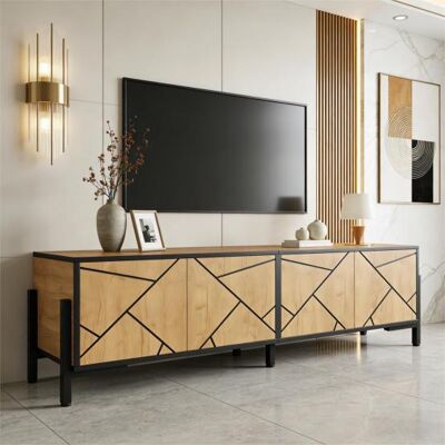OEM Meuble Tv 153 X 40 X 50 Cm, Meuble Bas, Support Tv Avec 4 Portes, Design Géométrique Contrasté, Convient Aux Téléviseurs D'Environ 65 Pouces, Couleur Bois Naturel Avec Lignes Noires. Publicité OEM Meuble Tv 153 X 40 X 50 Cm, Meuble Bas, Support Tv Avec 4 Portes, Design Géométrique Contrasté, Convient Aux Téléviseurs D'Environ 65 Pouces, Couleur Bois Naturel Avec Lignes Noires. Publicité
