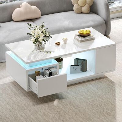 OEM Table Basse Kérian 100×50×36 cm Avec Tiroir, Éclairage Led Haute Brillance, Quatre Niches Latérales Et Design Ajouré Central, Couleur Blanche, Table De Canapé Pour Salon - Publicité OEM Table Basse Kérian 100×50×36 cm Avec Tiroir, Éclairage Led Haute Brillance, Quatre Niches Latérales Et Design Ajouré Central, Couleur Blanche, Table De Canapé Pour Salon - Publicité