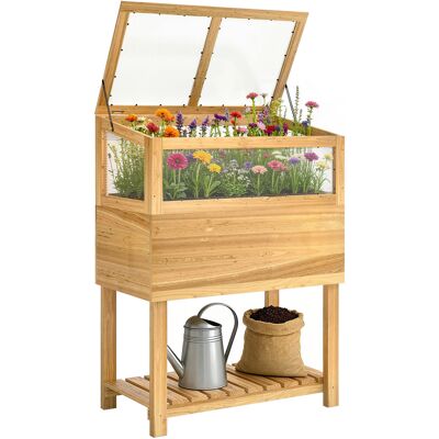 ARRIGONI Carré Potager Sur Pieds Avec Serre En Bois Avec Couvercle Relevable, Étagère De Rangement, 80x45x108,5cm, Naturel - Publicité ARRIGONI Carré Potager Sur Pieds Avec Serre En Bois Avec Couvercle Relevable, Étagère De Rangement, 80x45x108,5cm, Naturel - Publicité