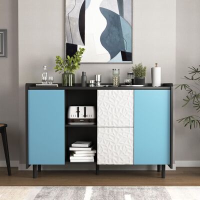 OEM Sideboard-buffetschrank, Schwarzer Lagerschrank Mit Blauen Türen, 2 Schubladen Mit Einzigartigem Paneel-styling Und 2 Offenen Lagerfächern, Moderner Kaffeebarschrank, Akzentschrank Für Küche - Publicité OEM Sideboard-buffetschrank, Schwarzer Lagerschrank Mit Blauen Türen, 2 Schubladen Mit Einzigartigem Paneel-styling Und 2 Offenen Lagerfächern, Moderner Kaffeebarschrank, Akzentschrank Für Küche - Publicité