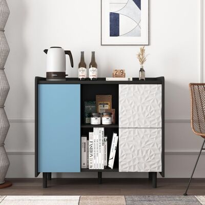 OEM Sideboard-buffetschrank, Schwarzer Schrank Mit Blauen Türen, 2 Schubladen Mit Einzigartigem Paneel Und 2 Offene Aufbewahrungskompartimente, Moderner Kaffeebar-schrank, Akzentschrank Für Küche, Esszimm - Publicité OEM Sideboard-buffetschrank, Schwarzer Schrank Mit Blauen Türen, 2 Schubladen Mit Einzigartigem Paneel Und 2 Offene Aufbewahrungskompartimente, Moderner Kaffeebar-schrank, Akzentschrank Für Küche, Esszimm - Publicité