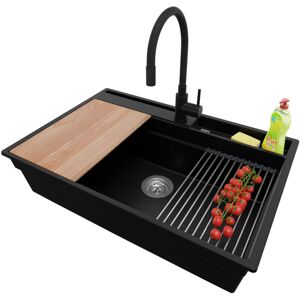 Primagran - Evier Cuisine En Granit 78x53cm, Lavabo 1 Bac + Robinet 40x38cm + Kit De Vidage + Accessoires, Évier À Encastrer Au Meuble 80cm - Oslo Pocket, Noir - Publicité Primagran - Evier Cuisine En Granit 78x53cm, Lavabo 1 Bac + Robinet 40x38cm + Kit De Vidage + Accessoires, Évier À Encastrer Au Meuble 80cm - Oslo Pocket, Noir - Publicité