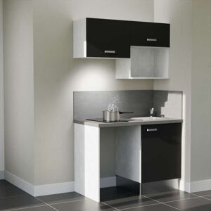 CUISIBANE Kitchenette K02l-pt - 120 Cm Avec Plan De Travail Et Évier - Emplacements Frigo, Hotte Et Micro-ondes - Façade Noir - Plan Gris Béton - Evier Inox - Crédences Oui - Publicité CUISIBANE Kitchenette K02l-pt - 120 Cm Avec Plan De Travail Et Évier - Emplacements Frigo, Hotte Et Micro-ondes - Façade Noir - Plan Gris Béton - Evier Inox - Crédences Oui - Publicité