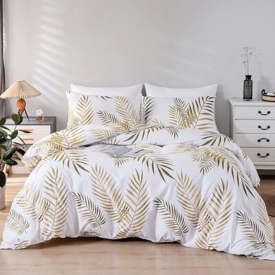 OEM Parure De Lit 3 Pièces Avec Housse De Couette À Motif Feuilles Tropicales Dorées, 2 Taies D'Oreiller 50 X 75 Cm Et Housse De Couette 168 X 229 Cm - Publicité OEM Parure De Lit 3 Pièces Avec Housse De Couette À Motif Feuilles Tropicales Dorées, 2 Taies D'Oreiller 50 X 75 Cm Et Housse De Couette 168 X 229 Cm - Publicité