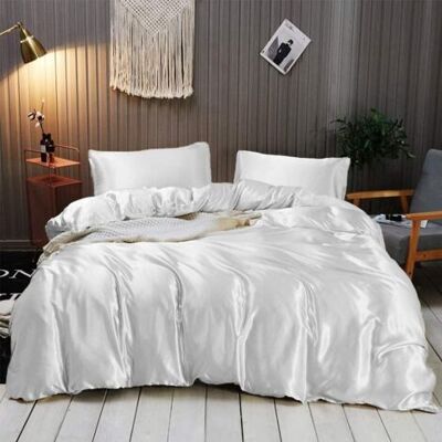 ABYSSE Ensemble De Couette En Satin De Soie Ultra Doux Et Luxueux (couette + Drap Plat + 2 Taies D'Oreiller) Ensemble De Literie Confortable Et Durable, Blanc, - Publicité ABYSSE Ensemble De Couette En Satin De Soie Ultra Doux Et Luxueux (couette + Drap Plat + 2 Taies D'Oreiller) Ensemble De Literie Confortable Et Durable, Blanc, - Publicité