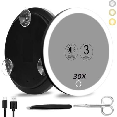 SANS MARQUE Miroir Grossissant 30x Avec Lumière Led – Zone De Visualisation 15 Cm – 3 Réglages De Lumière – Fixation Par Ventouses – Miroir De Voyage Noir - Publicité SANS MARQUE Miroir Grossissant 30x Avec Lumière Led – Zone De Visualisation 15 Cm – 3 Réglages De Lumière – Fixation Par Ventouses – Miroir De Voyage Noir - Publicité