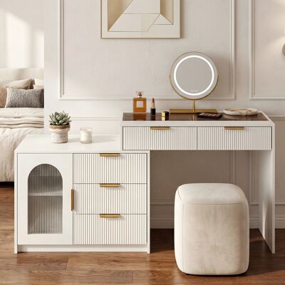 HAUSS SPOLE Coiffeuse Extensible 90-160x40x75 Cm Avec Miroir Led 3 Modes, Plateau En Verre, Mdf Blanc - Publicité HAUSS SPOLE Coiffeuse Extensible 90-160x40x75 Cm Avec Miroir Led 3 Modes, Plateau En Verre, Mdf Blanc - Publicité