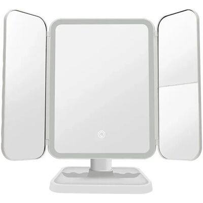AULEDIO Miroir De Maquillage À Trois Volets Avec Grossissements 1x 2x 3x, Éclairage Led, Écran Tactile, Miroir Réglable De Table, Couleur Blanche - Publicité AULEDIO Miroir De Maquillage À Trois Volets Avec Grossissements 1x 2x 3x, Éclairage Led, Écran Tactile, Miroir Réglable De Table, Couleur Blanche - Publicité