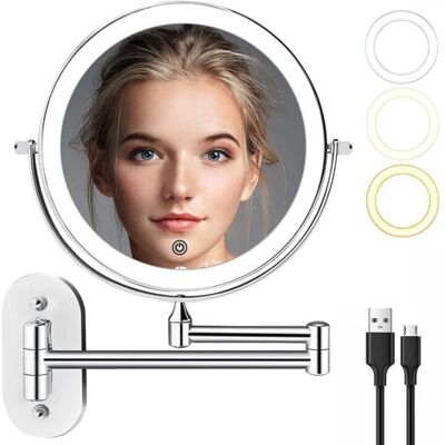 OEM Miroir Grossissant Mural Led Rechargeable 8 Pouces – Grossissement 1x Et 10x – 3 Lumières Colorées – Bras Extensible Rotatif 360° - Publicité OEM Miroir Grossissant Mural Led Rechargeable 8 Pouces – Grossissement 1x Et 10x – 3 Lumières Colorées – Bras Extensible Rotatif 360° - Publicité