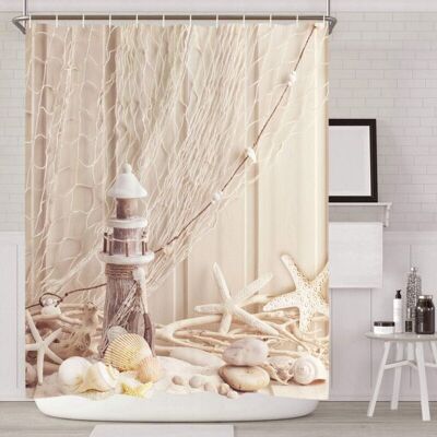 PELTOR Rideau De Douche Textile En Tissu Avec Anneaux - 200x 200 Cm - Motif Coquillages - Impression Numérique - Polyester - Anti-moisissure - Beige - Publicité PELTOR Rideau De Douche Textile En Tissu Avec Anneaux - 200x 200 Cm - Motif Coquillages - Impression Numérique - Polyester - Anti-moisissure - Beige - Publicité