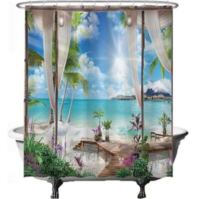 ABYSSE 150 X 180 Cm Bleu, Blanc, Vert Rideau De Douche, Motif Plage Et Mer, Nature Lavable, Anti-moisissure, Avec 12 Anneaux - Publicité ABYSSE 150 X 180 Cm Bleu, Blanc, Vert Rideau De Douche, Motif Plage Et Mer, Nature Lavable, Anti-moisissure, Avec 12 Anneaux - Publicité