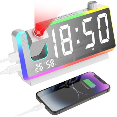 OEM Réveil Projecteur Plafond 7 Pouces, Grand Écran Led, Veilleuse Rgb 8 Modes, Projection 180°, Double Alarme Avec Snooze, Double Port Usb, Affichage Température Et Humidité, Blanc - Publicité OEM Réveil Projecteur Plafond 7 Pouces, Grand Écran Led, Veilleuse Rgb 8 Modes, Projection 180°, Double Alarme Avec Snooze, Double Port Usb, Affichage Température Et Humidité, Blanc - Publicité