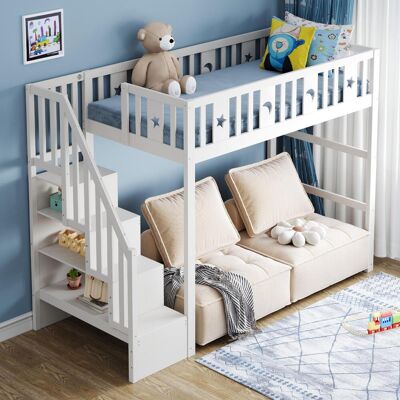 OEM Lit Superposé Enfant 90 X 200 Cm Avec Escalier, Lit Mezzanine En Bois Massif Avec Barrière De Sécurité, Décoration Étoiles Et Lune. Blanc - Publicité OEM Lit Superposé Enfant 90 X 200 Cm Avec Escalier, Lit Mezzanine En Bois Massif Avec Barrière De Sécurité, Décoration Étoiles Et Lune. Blanc - Publicité