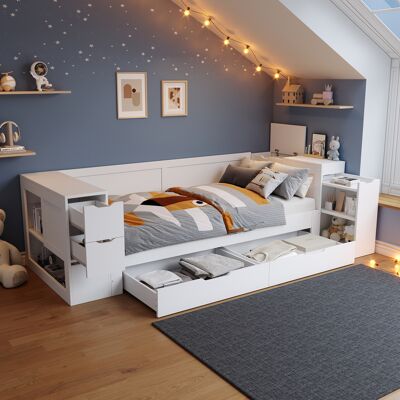 ARRIGONI Lit Enfant, Lit Banquette, 90 X 200 Cm, Lit Simple Multifonction Avec Tiroirs, Étagères Et Espace De Rangement, Avec Table De Chevet, Avec Rangement, Sans Matelas, Blanc - Publicité ARRIGONI Lit Enfant, Lit Banquette, 90 X 200 Cm, Lit Simple Multifonction Avec Tiroirs, Étagères Et Espace De Rangement, Avec Table De Chevet, Avec Rangement, Sans Matelas, Blanc - Publicité