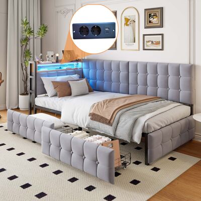 ARRIGONI Canapé-lit Rembourré 90 X 200 Cm, Lit Capitonné Avec 2 Tiroirs Et Lampe De Chevet Led, Ports Usb Et Type-c, Lit Bateau Multifonctionnel Pour Enfant, Lit Simple Gris - Publicité ARRIGONI Canapé-lit Rembourré 90 X 200 Cm, Lit Capitonné Avec 2 Tiroirs Et Lampe De Chevet Led, Ports Usb Et Type-c, Lit Bateau Multifonctionnel Pour Enfant, Lit Simple Gris - Publicité