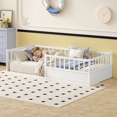 ACKERMAN Lit D'Enfant En Bois Massif Lit Au Sol 90 X 200 Cm Avec Protection Contre Les Chutes Et Sommier À Lattes, Lit Montessori Lit À Barreaux Avec Côté Ouvert, Pin Lit Simple En Blanc - Publicité ACKERMAN Lit D'Enfant En Bois Massif Lit Au Sol 90 X 200 Cm Avec Protection Contre Les Chutes Et Sommier À Lattes, Lit Montessori Lit À Barreaux Avec Côté Ouvert, Pin Lit Simple En Blanc - Publicité
