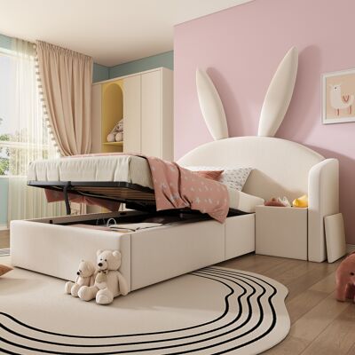 ACKERMAN Lit Capitonné 90x190cm Avec Tête De Lit Oreilles De Lapin, Lit Enfant Avec Rangement Hydraulique Et Table De Chevet, Lit Doux En Velours, Beige (sans Matelas) - Publicité ACKERMAN Lit Capitonné 90x190cm Avec Tête De Lit Oreilles De Lapin, Lit Enfant Avec Rangement Hydraulique Et Table De Chevet, Lit Doux En Velours, Beige (sans Matelas) - Publicité