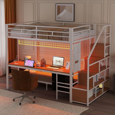 ARRIGONI Lit Mezzanine En Métal Multifonction Avec Bureau, Led, Prises, Espace De Rangement Ouvert Et Tiroirs En Tissu - Couchage Supérieur 140200 Et Couchage Inférieur 90200, Blanc - Publicité ARRIGONI Lit Mezzanine En Métal Multifonction Avec Bureau, Led, Prises, Espace De Rangement Ouvert Et Tiroirs En Tissu - Couchage Supérieur 140200 Et Couchage Inférieur 90200, Blanc - Publicité