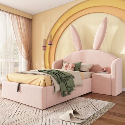 ACKERMAN Lit Enfant 90x190 Cm, Lit Rose Capitonné Avec Rangement Et Table De Chevet, Motif Oreilles De Lapin, Lit Junior En Velours, Lit Fille (sans Matelas) - Publicité ACKERMAN Lit Enfant 90x190 Cm, Lit Rose Capitonné Avec Rangement Et Table De Chevet, Motif Oreilles De Lapin, Lit Junior En Velours, Lit Fille (sans Matelas) - Publicité