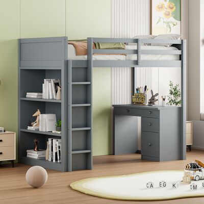ACKERMAN Lit Mezzanine 90 X 200 Cm Avec Armoires De Rangement Et Bureau Informatique, Lit Mezzanine Multifonctionnel Pour Enfants En Bois Gris - Publicité ACKERMAN Lit Mezzanine 90 X 200 Cm Avec Armoires De Rangement Et Bureau Informatique, Lit Mezzanine Multifonctionnel Pour Enfants En Bois Gris - Publicité