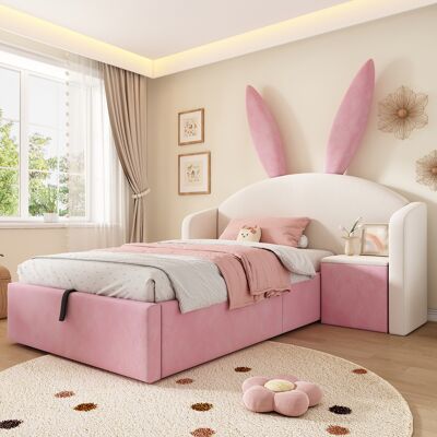 ACKERMAN Lit Enfant 90x190 Cm, Recouvert De Velours, Tête De Lit Oreilles De Lapin Avec Espace De Rangement Et Table De Chevet, Lit Design Pour Enfant, Beige Et Rose (sans Matelas) - Publicité ACKERMAN Lit Enfant 90x190 Cm, Recouvert De Velours, Tête De Lit Oreilles De Lapin Avec Espace De Rangement Et Table De Chevet, Lit Design Pour Enfant, Beige Et Rose (sans Matelas) - Publicité