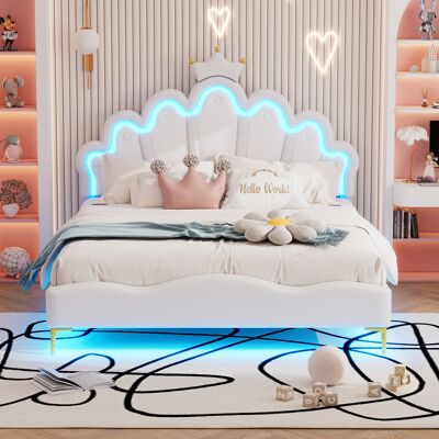 ACKERMAN Lit Double Plat 140200 Cm, Lit Princesse En Forme De Couronne, Rembourrage Doux En Pu, Bandeau Led Réglable, Blanc - Publicité ACKERMAN Lit Double Plat 140200 Cm, Lit Princesse En Forme De Couronne, Rembourrage Doux En Pu, Bandeau Led Réglable, Blanc - Publicité