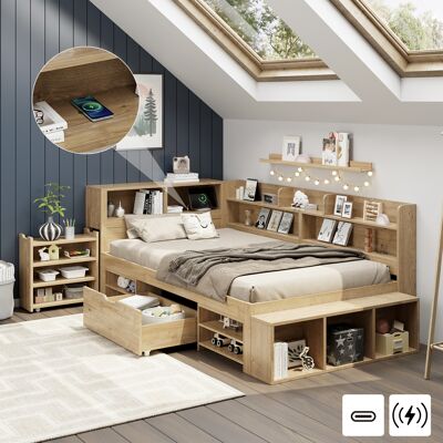 ARRIGONI Lit Pour Enfants, Lit De Rangement, 90 X 200 Cm, Lit Simple, Lit Multifonctionnel Pour Enfants Avec Tables De Chevet, Étagères Et Armoires De Rangement, Avec Recharge Sans Fil, Sans Matelas, Naturel - Publicité ARRIGONI Lit Pour Enfants, Lit De Rangement, 90 X 200 Cm, Lit Simple, Lit Multifonctionnel Pour Enfants Avec Tables De Chevet, Étagères Et Armoires De Rangement, Avec Recharge Sans Fil, Sans Matelas, Naturel - Publicité