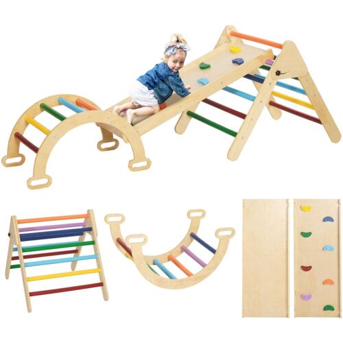 AIYAPLAY Ensemble d'escalade en bois 5 en 1 - triangle Pikler, arche, bascule, toboggan, rampe - panneaux bois pin